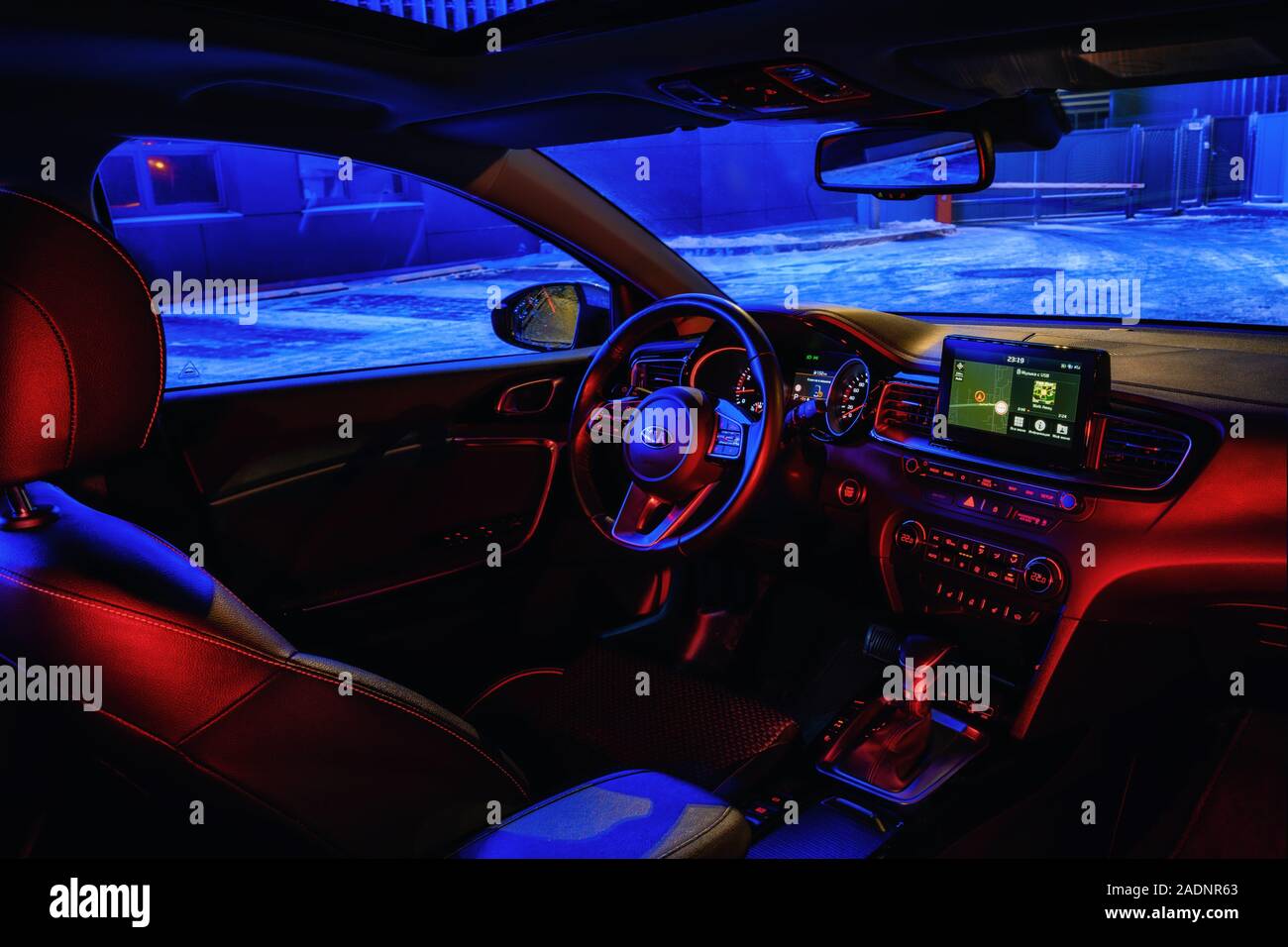 Minsk, Belarus - November 26, 2019: Interior of Kia Ceed 2018 car on in  night city with neon color lights Stock Photo - Alamy