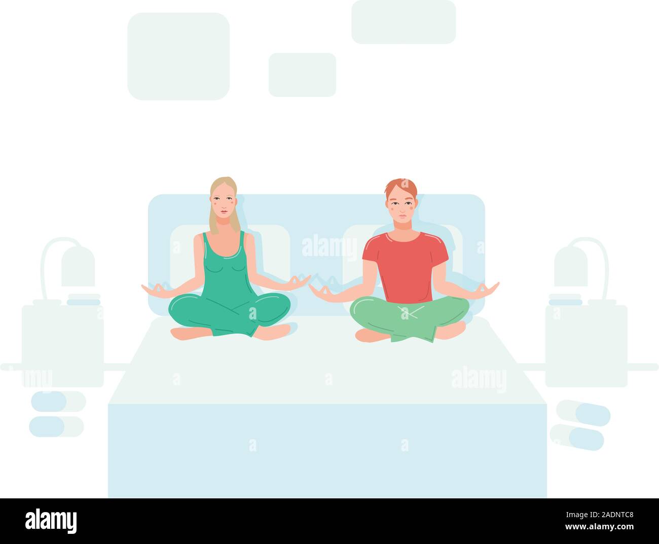 Young couple sitting in their bedroom and performing yoga exercise. Female and male cartoon character sitting in lotus posture and meditating vipassana meditation with crossed legs isolated flat. Stock Vector