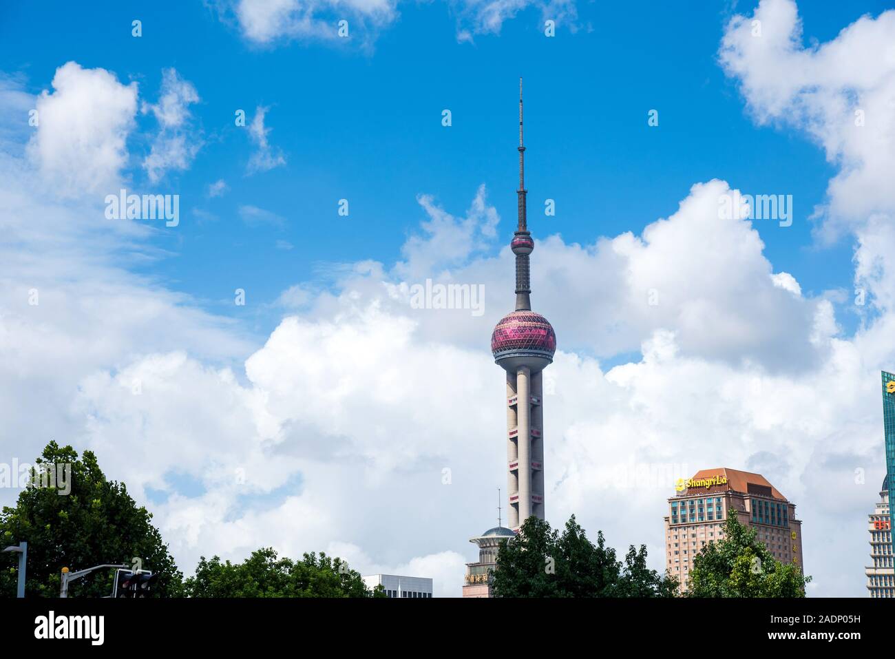 Shanghai, China - August 8, 2019: Oriental Pearl TV Tower in Shanghai modern downtown area of this Chinese metropolis at day time Stock Photo