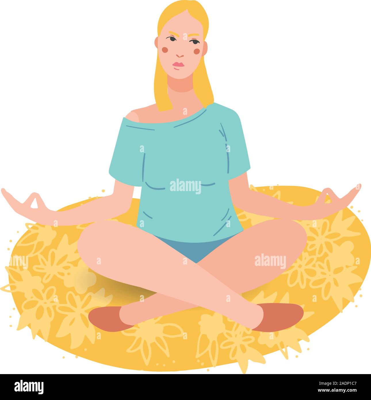 Young pretty woman performing yoga exercise. Female cartoon character sitting in lotus posture and meditating vipassana meditation. Girl with crossed legs isolated. Colorful flat vector illustration Stock Vector