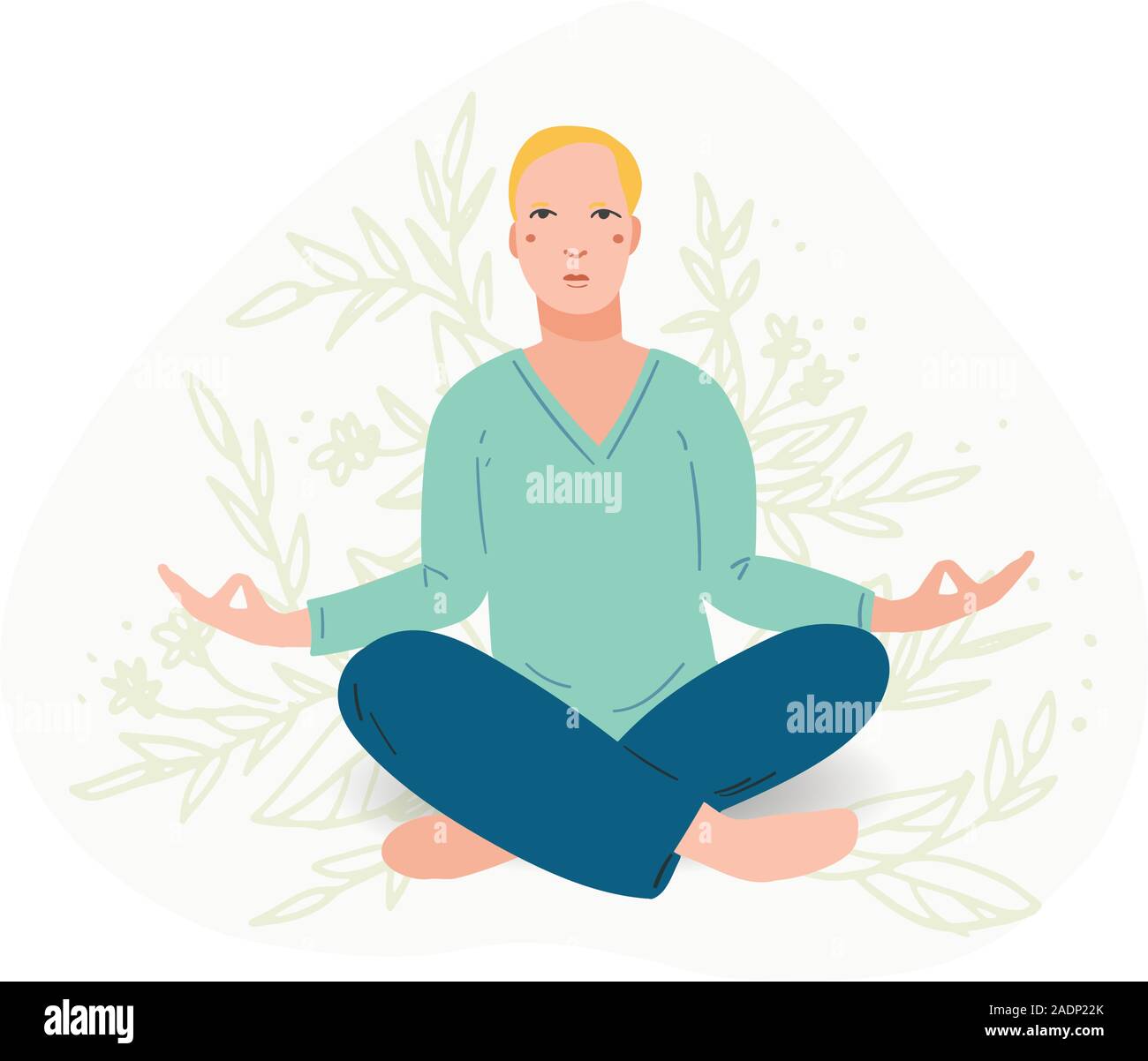 Young handsome men performing yoga exercise. Male cartoon character sitting in lotus posture and meditating vipassana meditation. Men with crossed legs isolated. Colorful flat vector illustration Stock Vector