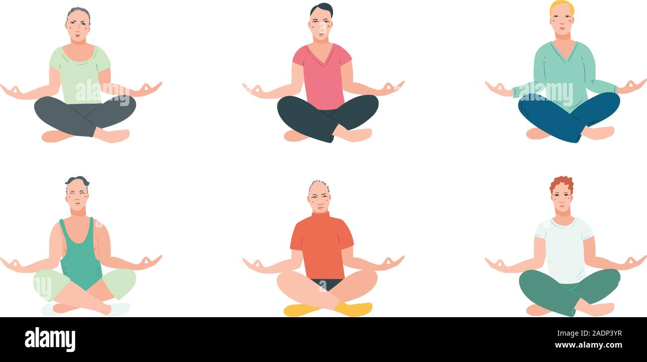 Group of men performing yoga exercise. Male cartoon character sitting in lotus posture and meditating vipassana meditation. Colourful flat vector illustration with isolated background. Stock Vector