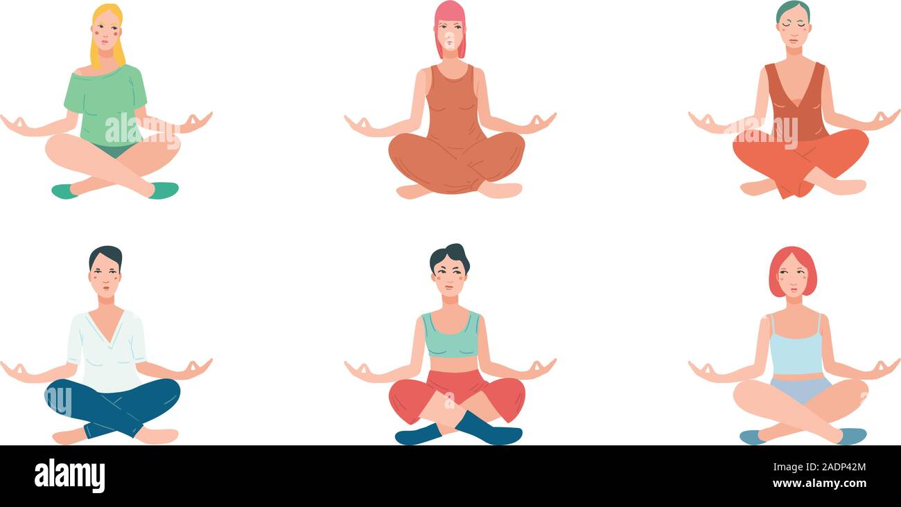 Group of women performing yoga exercise. Female cartoon character sitting in lotus posture and meditating vipassana meditation. Colourful flat vector illustration with isolated background. Stock Vector