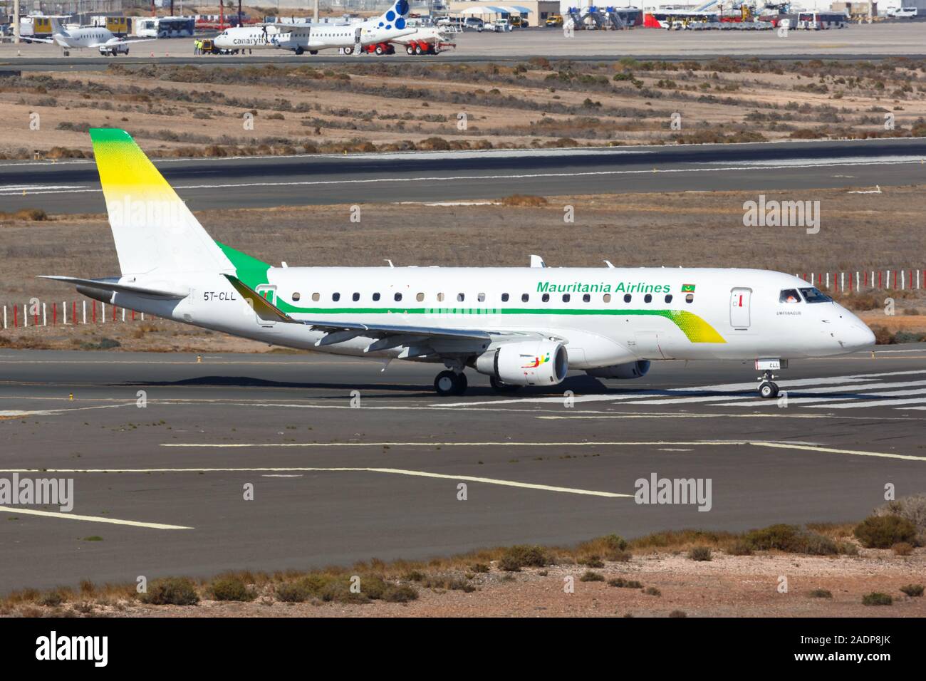 Gran Canaria, Spain – November 24, 2019: Mauritania Airlines Embraer 175 airplane at Gran Canaria airport (LPA) in Spain. Stock Photo