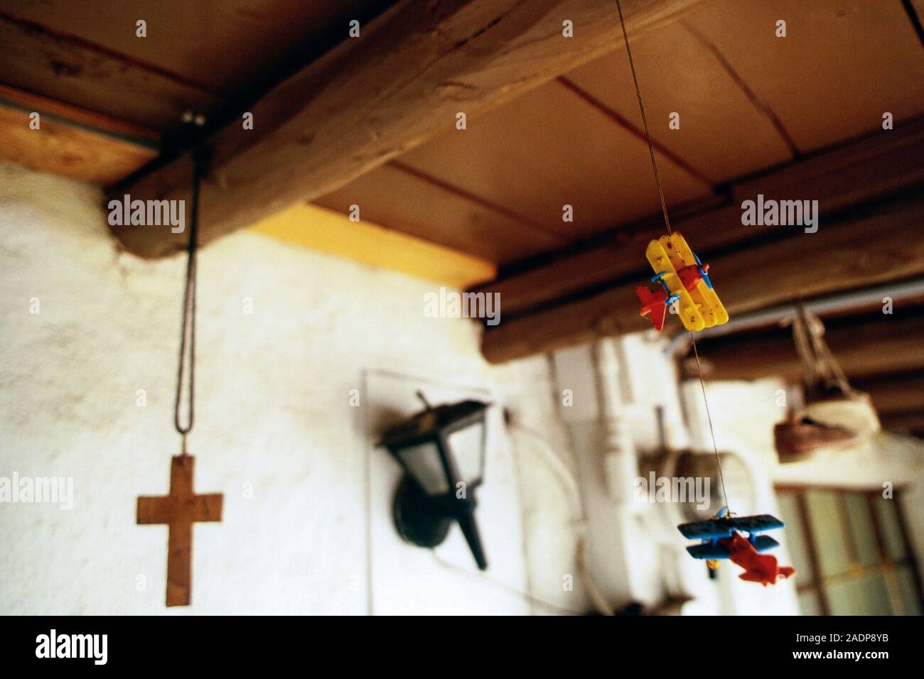Toy Aircraft & Crucifix - Albuquerque, Bernallilo County, New Mexico, USA Stock Photo