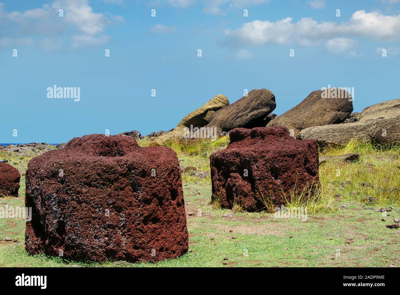 Moai at the at Ura Uranga Te Mahina ceremonial site site on Easter Island lay as they have fallen over the centuries. Rapa Nui; Valparaíso Region; Chi Stock Photo