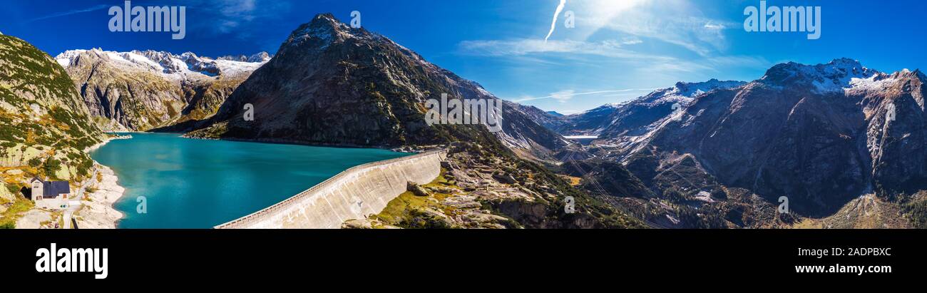 Aerial view of Gelmer Lake near by the Grimselpass in Swiss Alps, Gelmersee, Switzerland Stock Photo