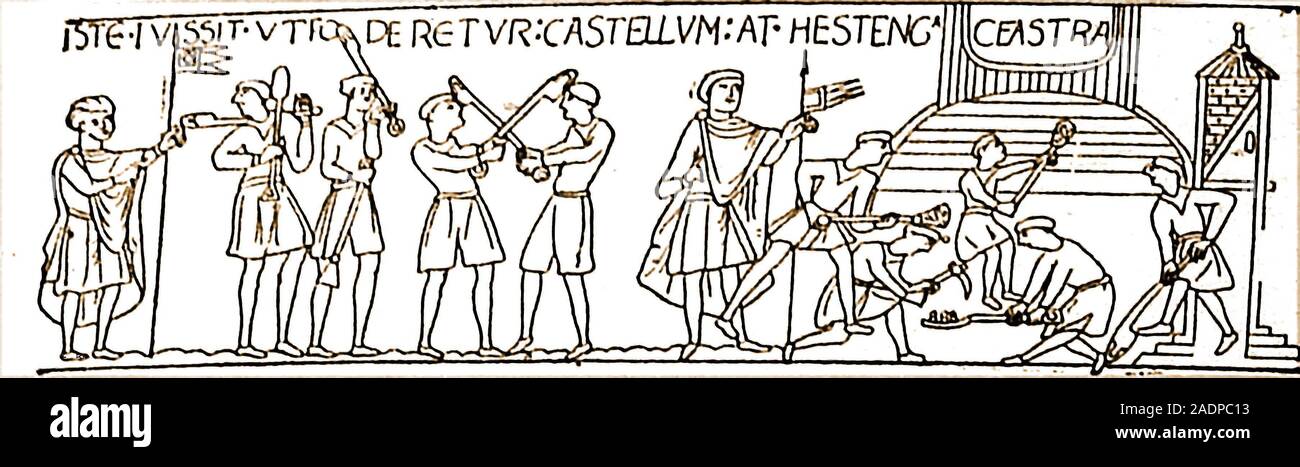 A 1933 depiction of Building the first wooden (prefabricated) castle and motte / bailey at Hasting, England on top of an artificial motte or mound (taken from the Bayeux Tapestry). Following Williams coronation on Christmas Day 1066, he order the castle to be rebuilt in stone. In the picture are workers and two supervisors (with flags) Stock Photo