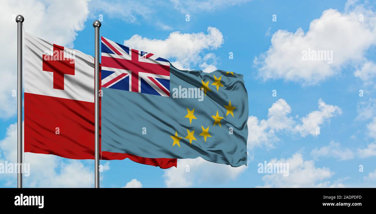 Tonga and Tuvalu flag waving in the wind against white cloudy blue sky  together. Diplomacy concept, international relations Stock Photo - Alamy