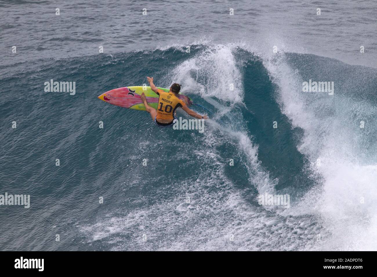 Carissa Moore winning the 2019 Women's surfing title at the Maui Pro Surf competition. Stock Photo