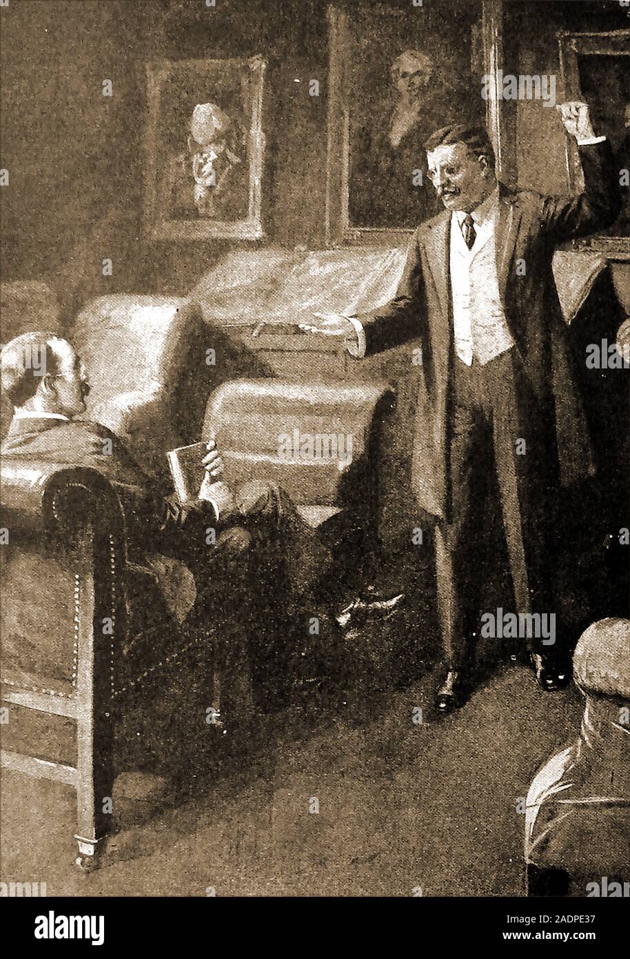 A circa 1945 printed image of Theodore Roosevelt , 26th President of the United States and 33rd governor of New York  (standing) meeting with Rudyard Kipling at the Cosmos Club, Washington, USA as they evidently did from time to time before his death in 1919. The Cosmos Club's goals were evidently 'The advancement of its members in science, literature, and art'. Since 1964 (in a different location), The Cosmos Club has given out prestigious awards. Recipients include Notable recipients have included Edwin Land, Paul Volcker,  Everett Koop, James Van Allen, Arthur Kornberg, Sandra Day O'Connor. Stock Photo