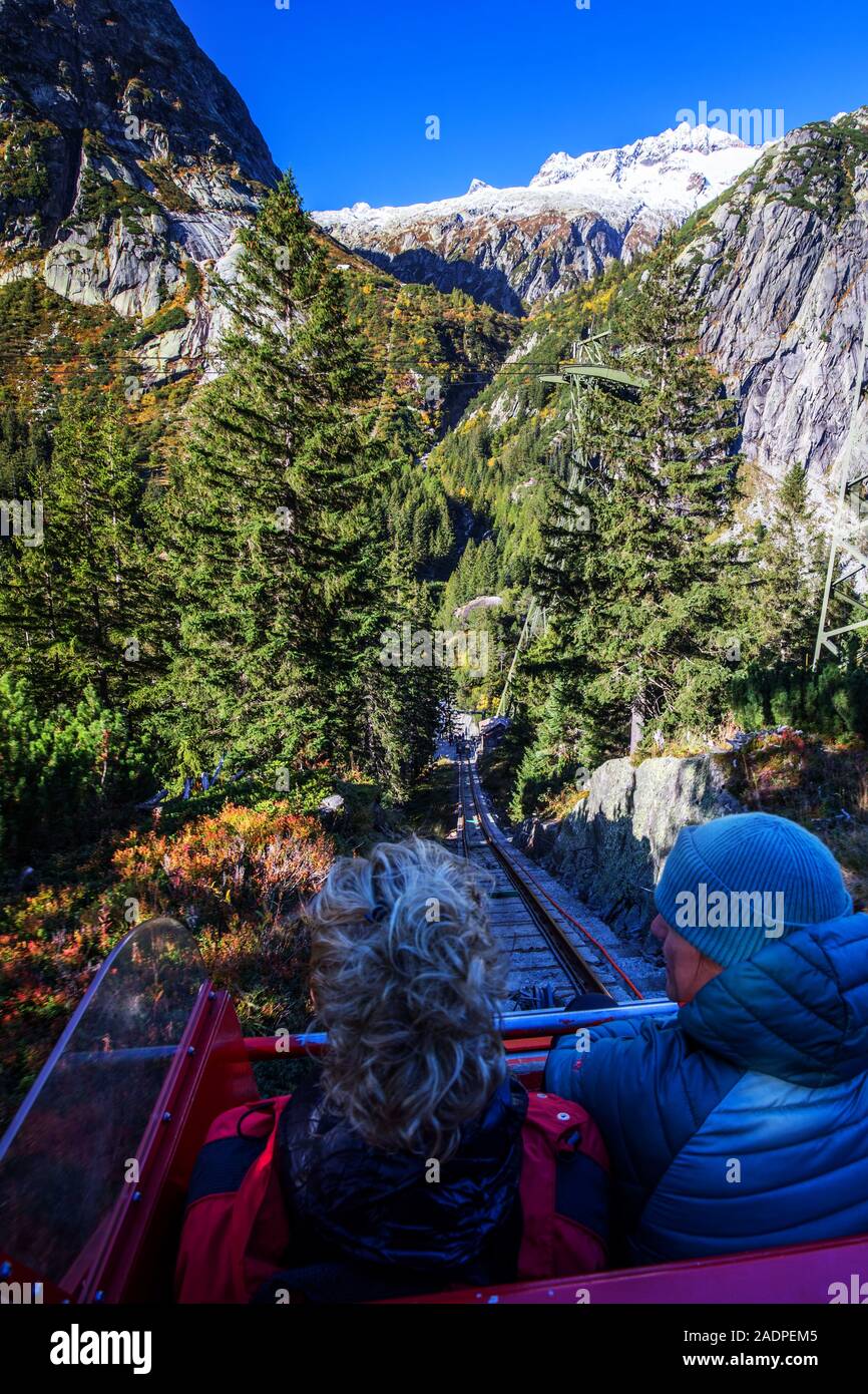 HANDEGG, SWITZERLAND - October 2019 - Gelmerbahn near by the Grimselpass in Swiss Alps, Gelmersee, Switzerland, Bernese Oberland, Switzerland. Stock Photo