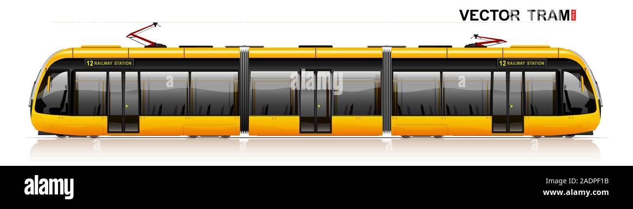 The modern city tram is yellow. Side view. Eco-friendly electric transport. Way to work and home. Stock Vector