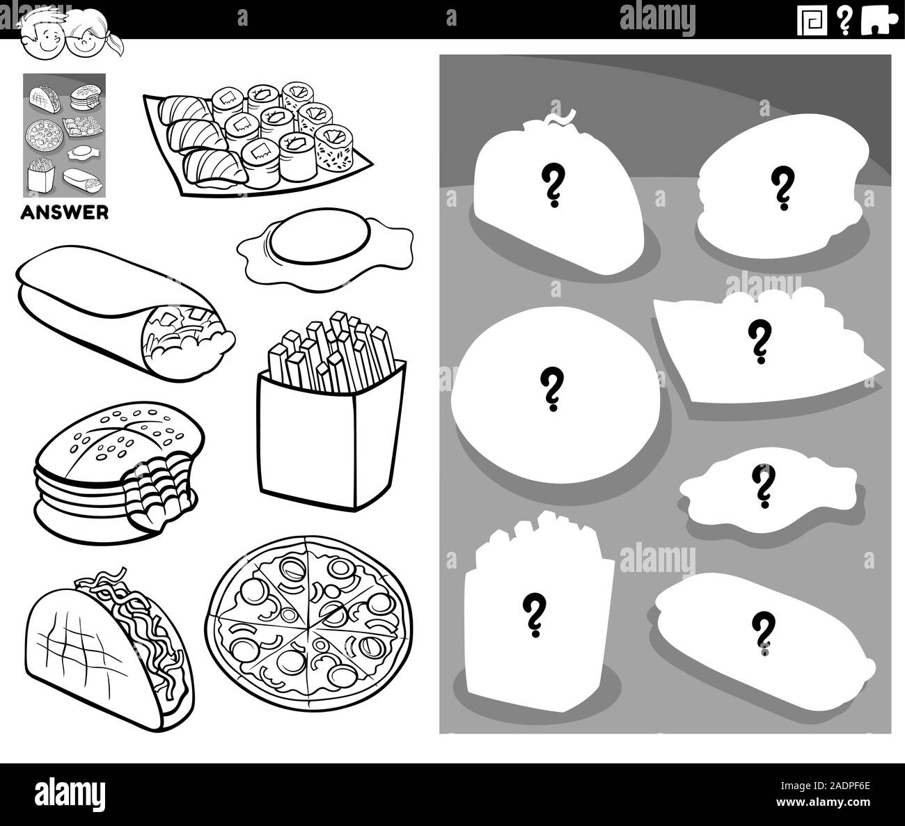 Black and White Cartoon Illustration of Match Objects and the Right Shape or Silhouette with Food Objects Educational Game for Children Coloring Book Stock Vector
