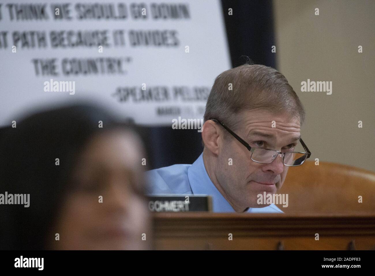 Washington, District of Columbia, USA. 4th Dec, 2019. United States Representative Jim Jordan (Republican of Ohio) speaks during the United States House Committee on the Judiciary hearing with constitutional law experts Noah Feldman, of Harvard University, Pamela Karlan, of Stanford University, Michael Gerhardt, of the University of North Carolina, and Jonathan Turley of The George Washington University Law School on Capitol Hill in Washington, DC, U.S. on Wednesday, December 4, 2019. Credit: Stefani Reynolds/CNP/ZUMA Wire/Alamy Live News Stock Photo