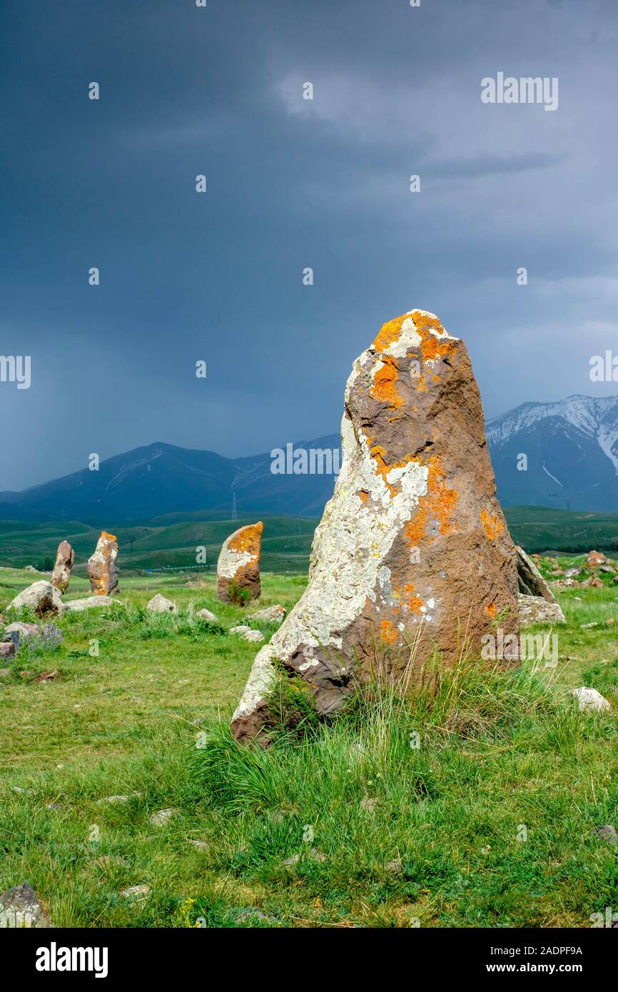 Zorats Karer (Carahunge) standing stones (menhirs), Sisian, Syunik Province, Armenia Stock Photo