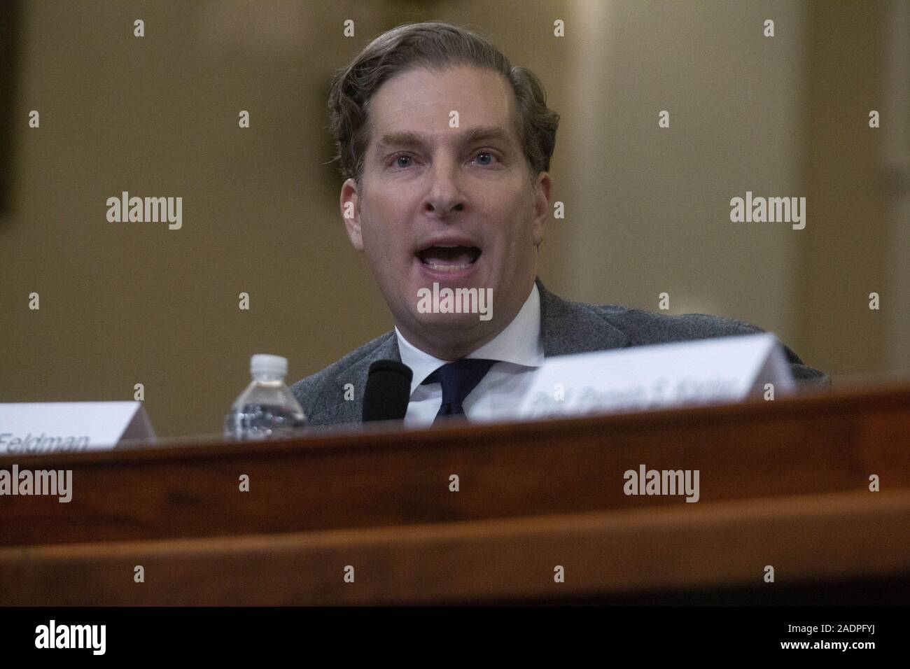 Washington, District of Columbia, USA. 4th Dec, 2019. Constitutional law expert Noah Feldman, of Harvard University, alongside Pamela Karlan, of Stanford University, Michael Gerhardt, of the University of North Carolina, and Jonathan Turley of The George Washington University Law School, testifies before the United States House Committee on the Judiciary on Capitol Hill in Washington, DC, U.S. on Wednesday, December 4, 2019. Credit: Stefani Reynolds/CNP/ZUMA Wire/Alamy Live News Stock Photo