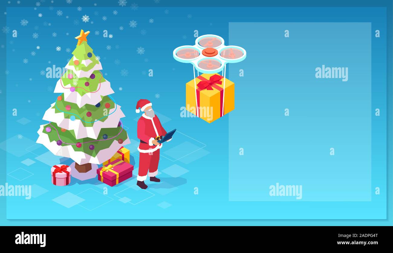 Vector of a modern santa claus controlling a drone with gift boxe delivering a present Stock Vector