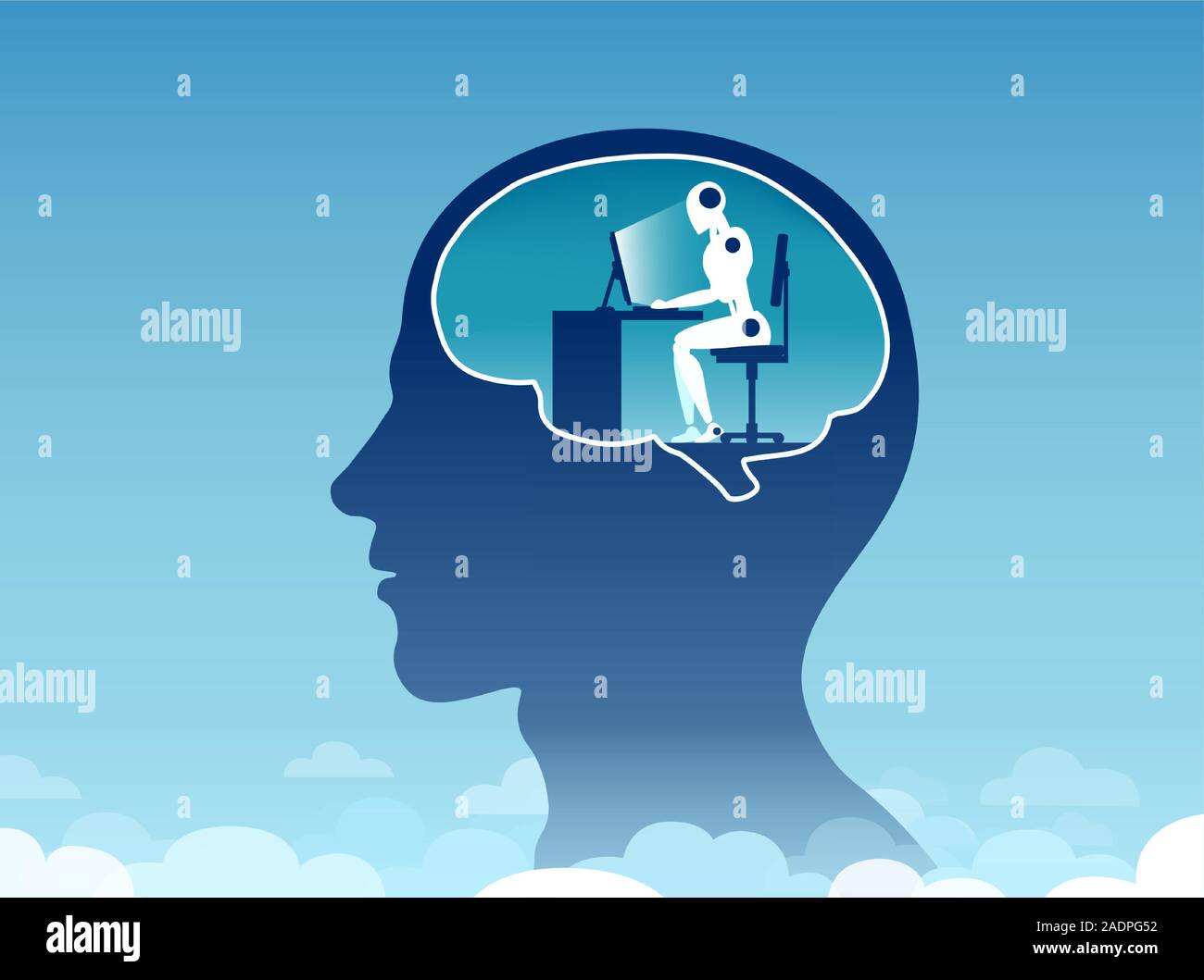 Artificial intelligence concept. Vector of a human head outline with a robot working on computer inside. Stock Vector