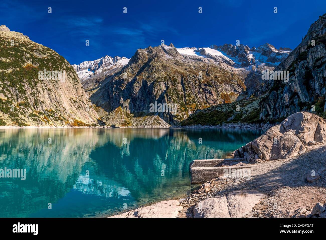 Gelmer Lake near by the Grimselpass in Swiss Alps, Gelmersee, Switzerland Stock Photo
