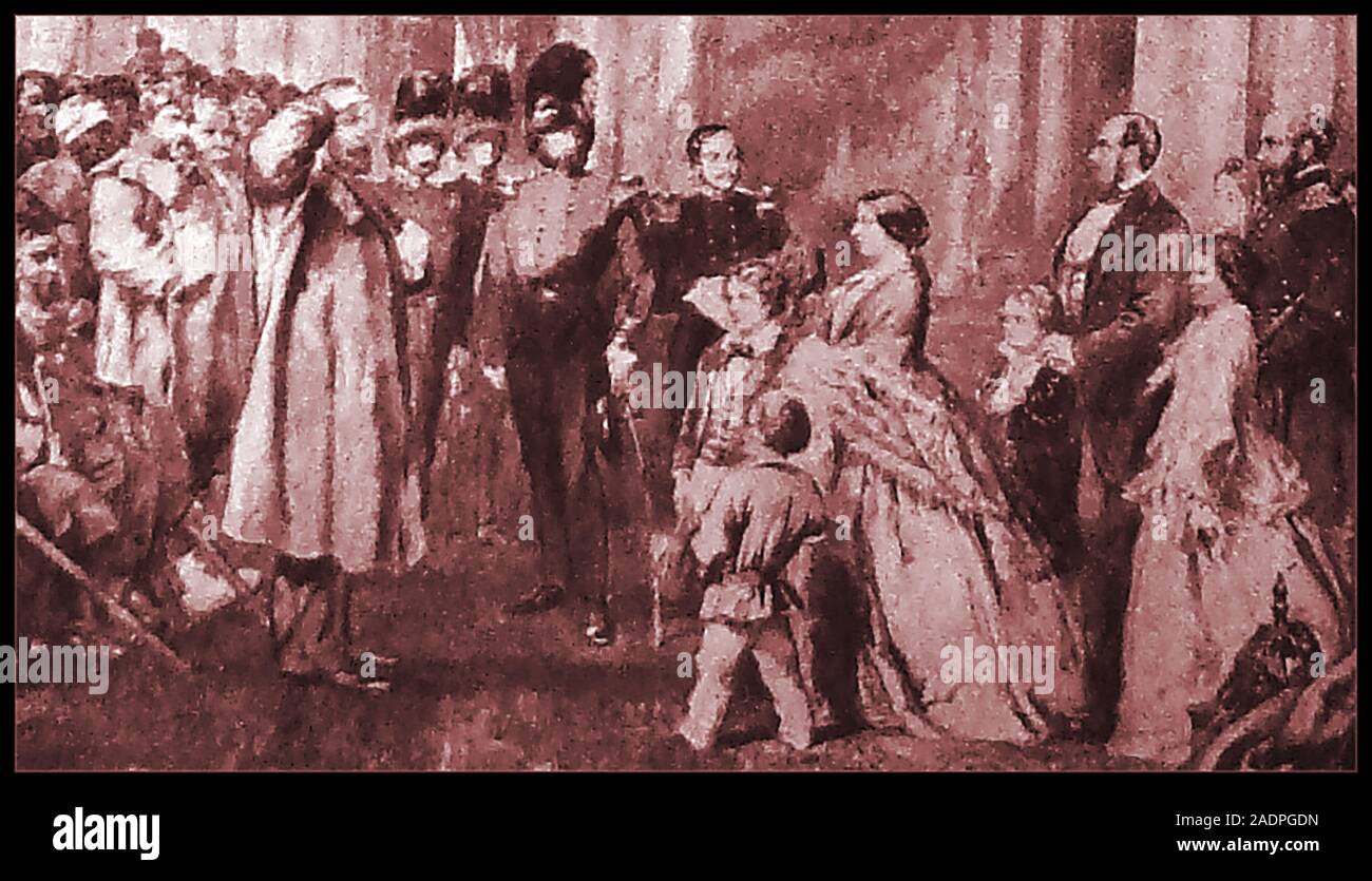 An historic postcard image showing Queen Victoria welcoming Crimean war veterans at Buckingham Palace, london Stock Photo