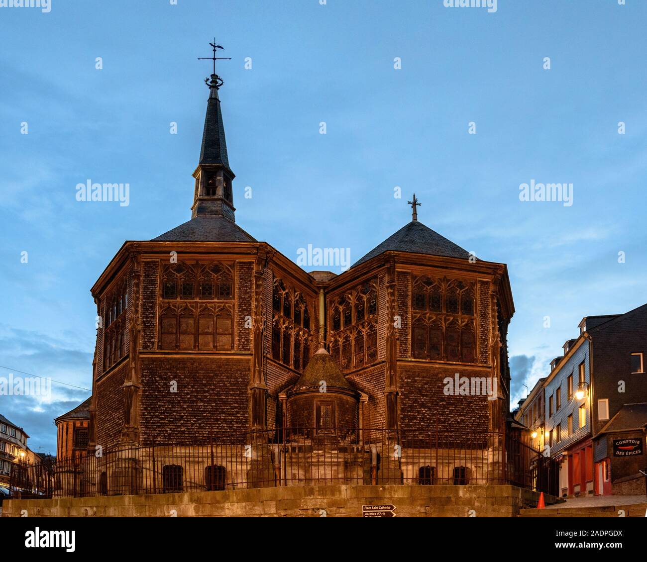 One side of Saint Catherine's Church in Honfleur, France at blue hour