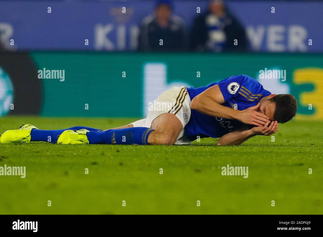 Leicester, UK. 4th December 2019; King Power Stadium, Leicester, Midlands, England; English Premier League Football, Leicester City versus Watford; Jonny Evans of Leicester City lies on the floor in the penalty area after a foul leads to a penalty for his team - Strictly Editorial Use Only. No use with unauthorized audio, video, data, fixture lists, club/league logos or 'live' services. Online in-match use limited to 120 images, no video emulation. No use in betting, games or single club/league/player publications Stock Photo