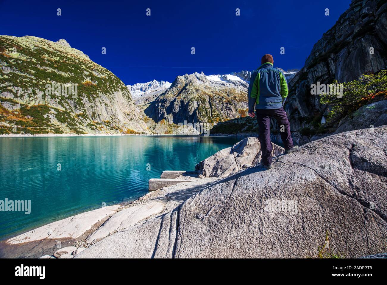 Gelmer Lake near by the Grimselpass in Swiss Alps, Gelmersee, Switzerland, Bernese Oberland, Switzerland. Stock Photo