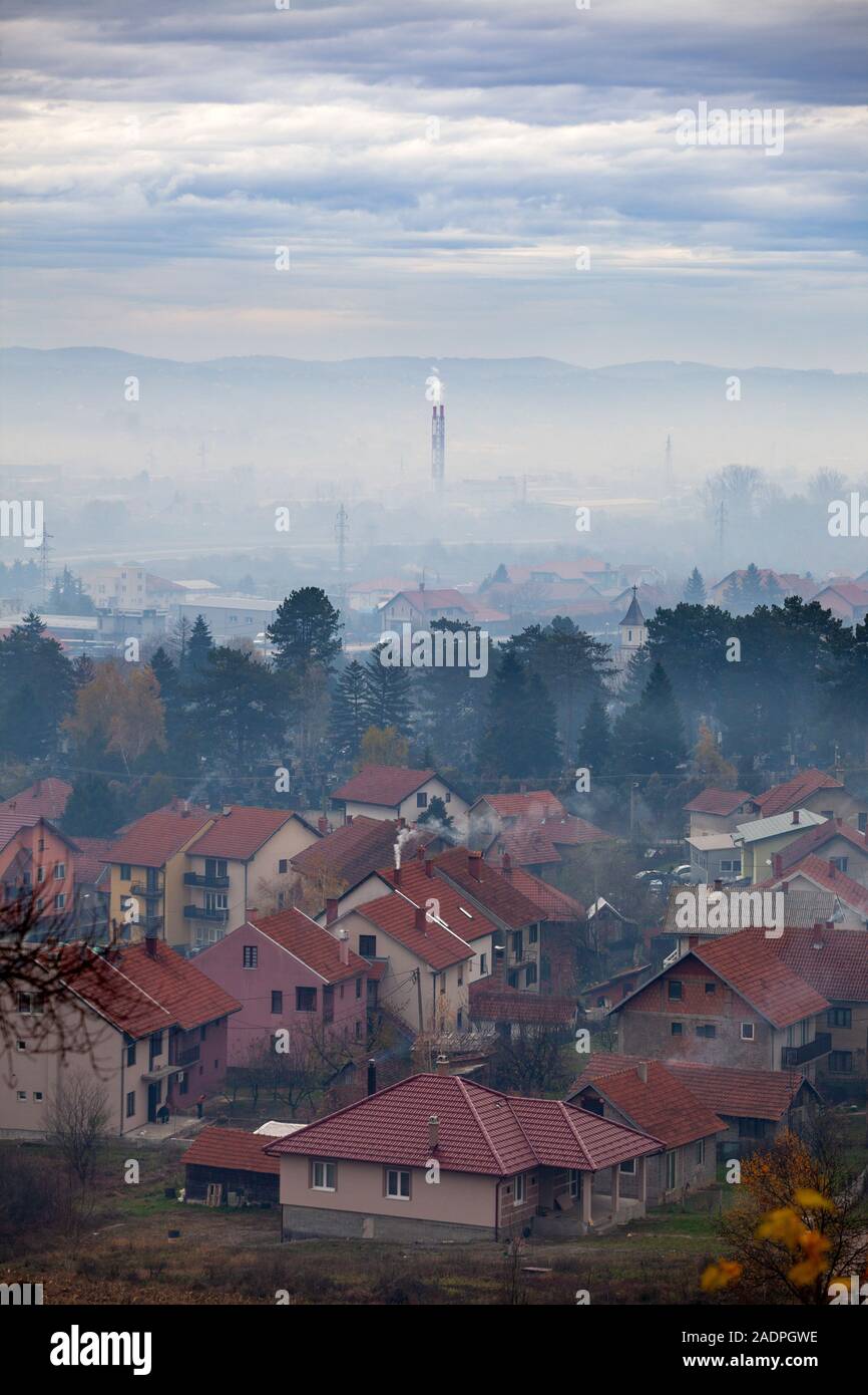 Fog, smoke, smog and air pollution, Serbia, Valjevo city, Europe Stock Photo