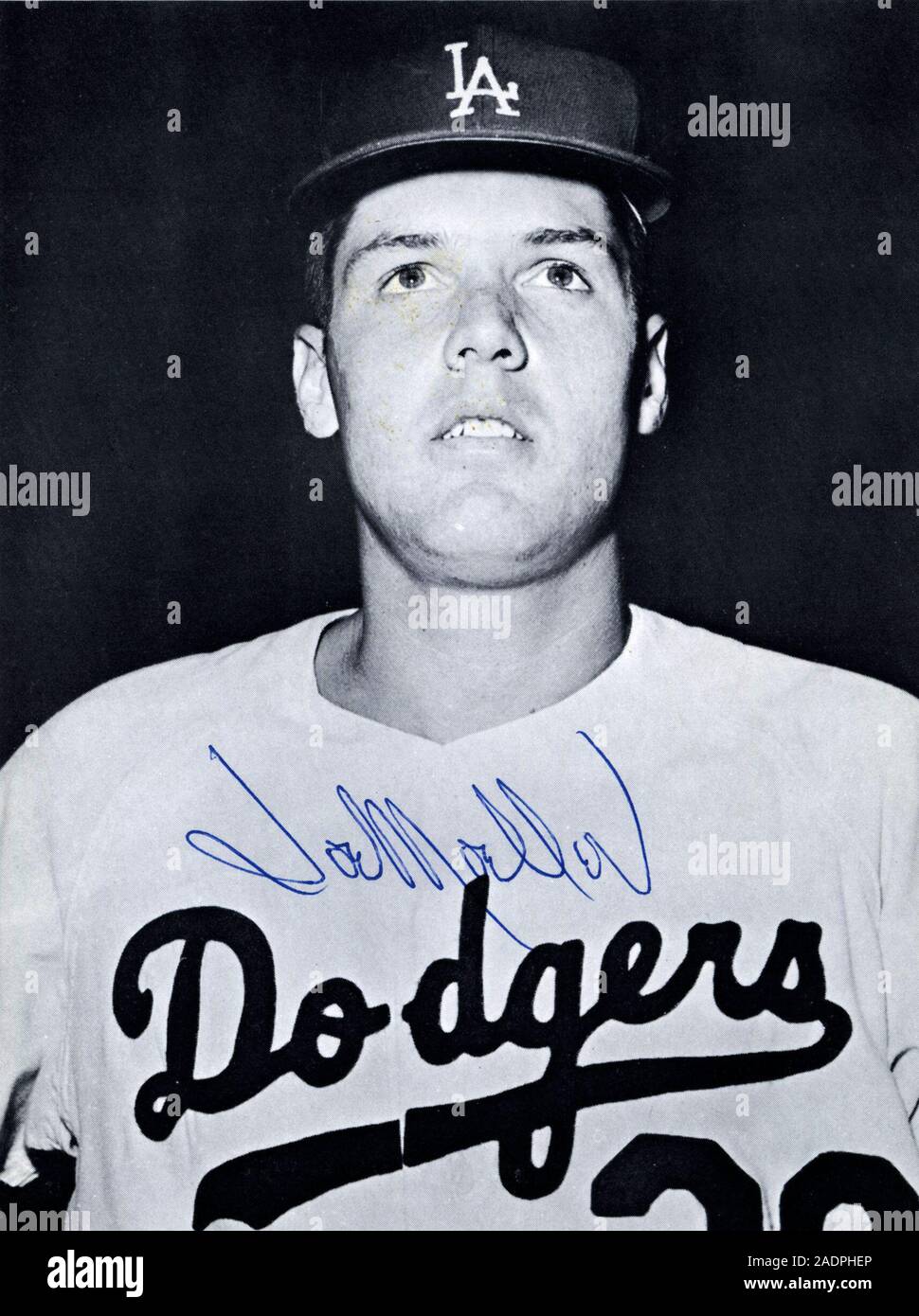 Vintage autographed black and white photo of Los Angeles dodgers baseball player Joe Moeller circa 1960s. Stock Photo