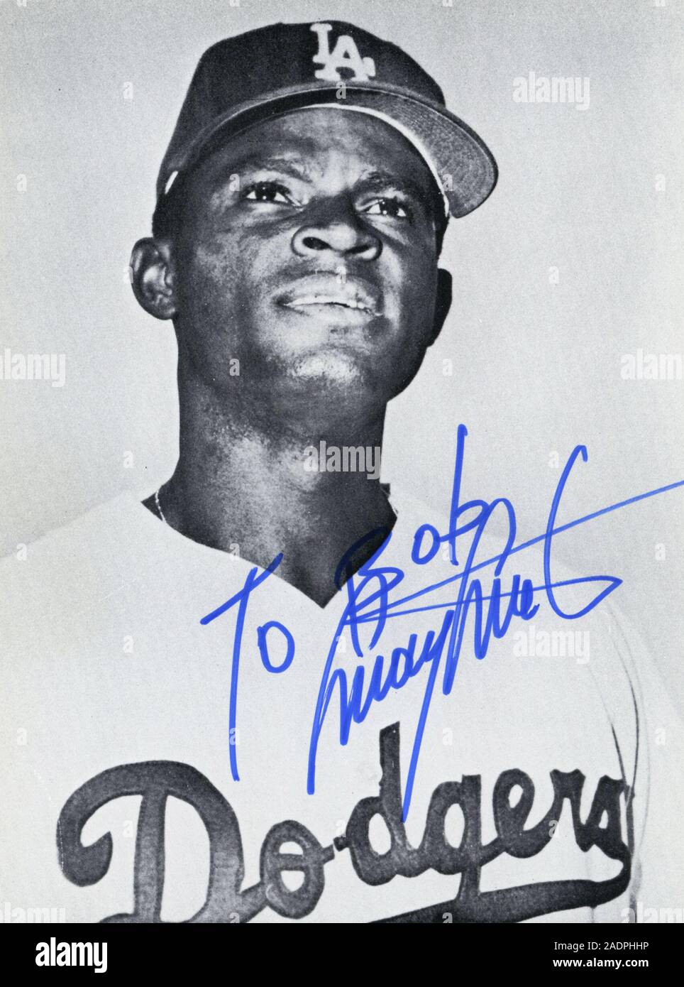 Vintage autographed black and white photo of Los Angeles dodgers baseball player Manny Mota circa 1970s. Stock Photo