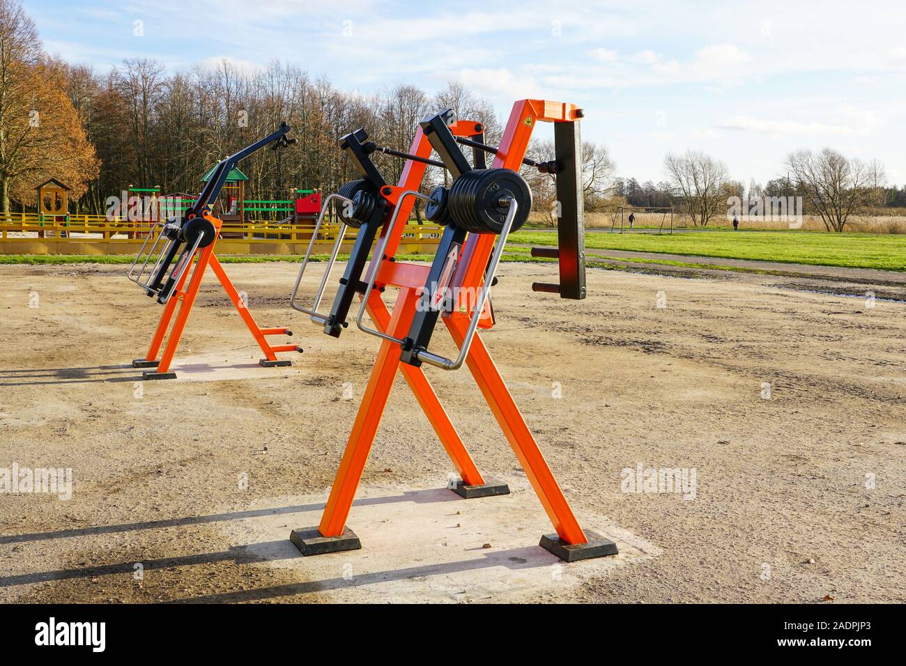 new modern outdoor fitness equipment for muscle training Stock Photo
