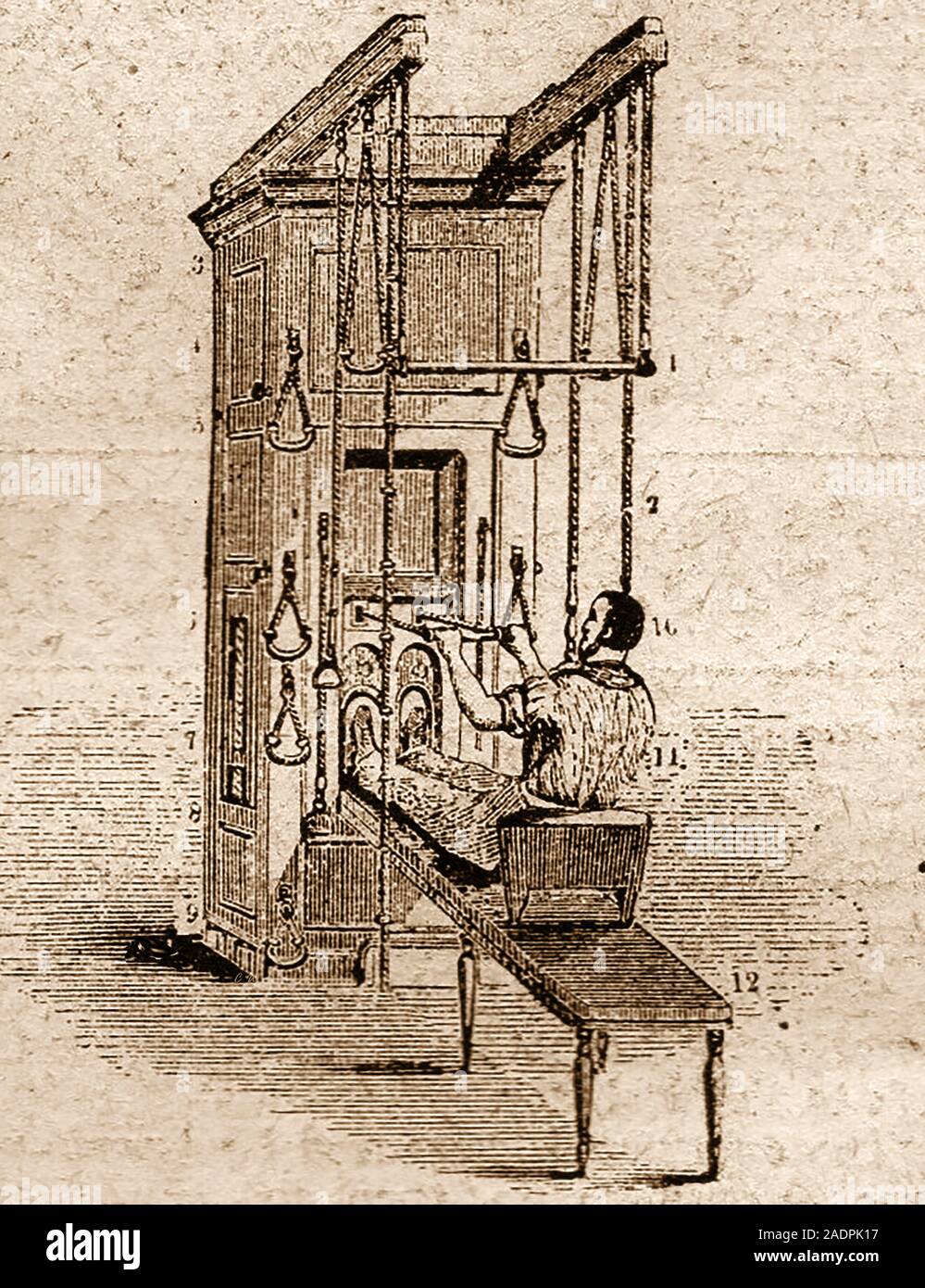 Strange early inventions -  A wooden Victorian exercise or keep fit machine. Though never manufactured commercially the idea did give birth to modern more compact models. Stock Photo