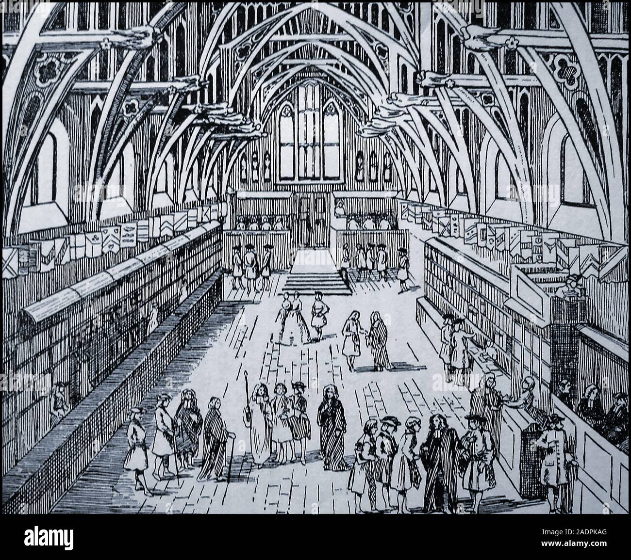 Westminster Hall (with its book shops) London in the 1700's as depicted in a 1933 . The Hall was built in 1097 at the order of William II (William Rufus), the son of William the Conqueror, and was completed 1099. Stock Photo
