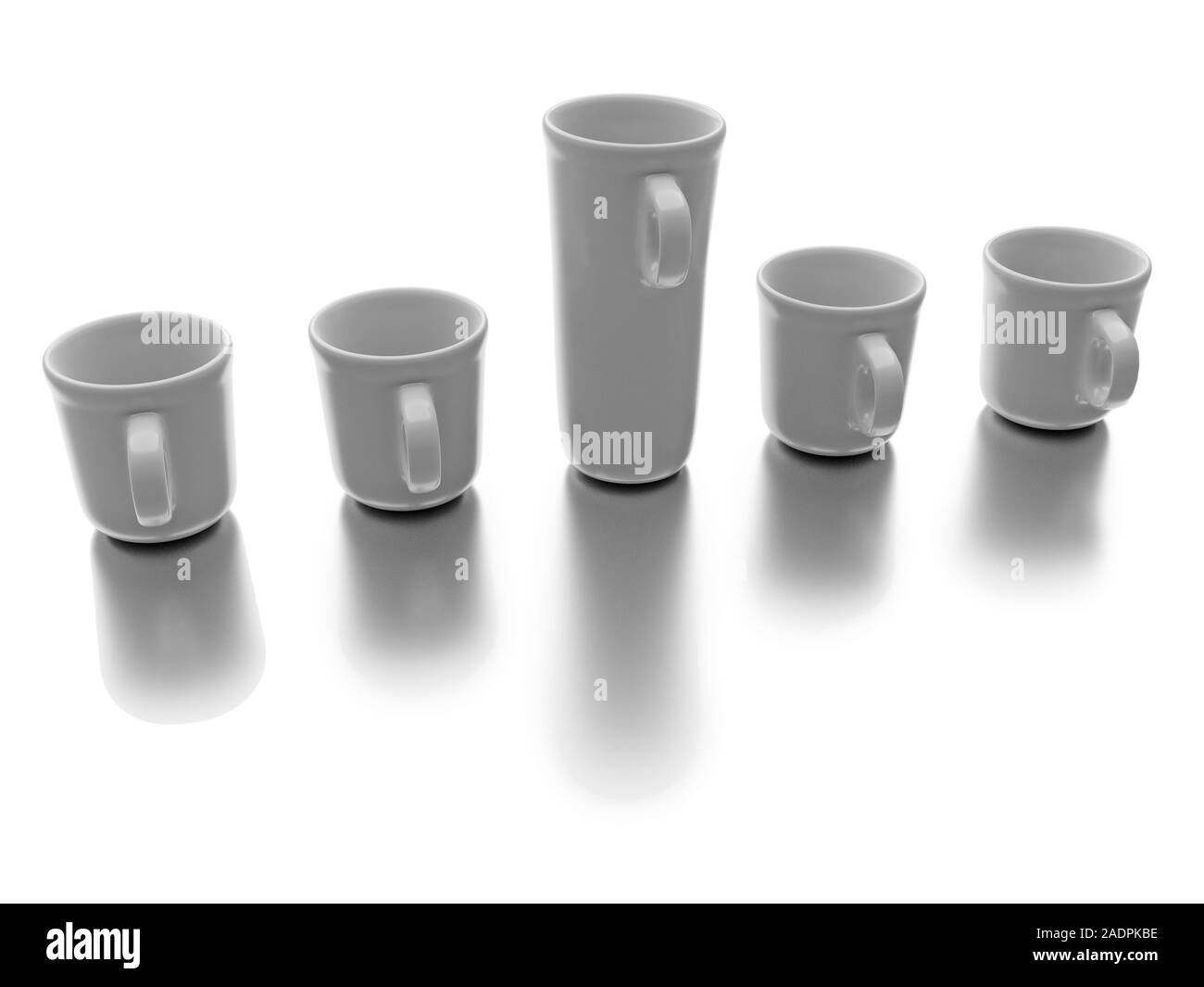 One individual big cup with other small cups isolated on white background. Business concept. 3d rendering Stock Photo