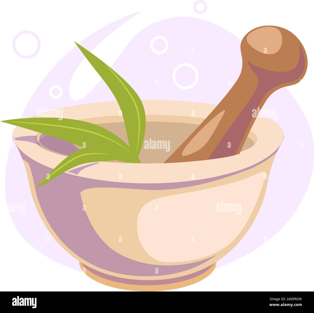 mortar and pestle cartoon flat icon. Spa, wellness, chemistry, pharmaceutical concept Illustration for social media design. Nature Health care Vector isolated object white background. Cosmetic symbol. Stock Vector