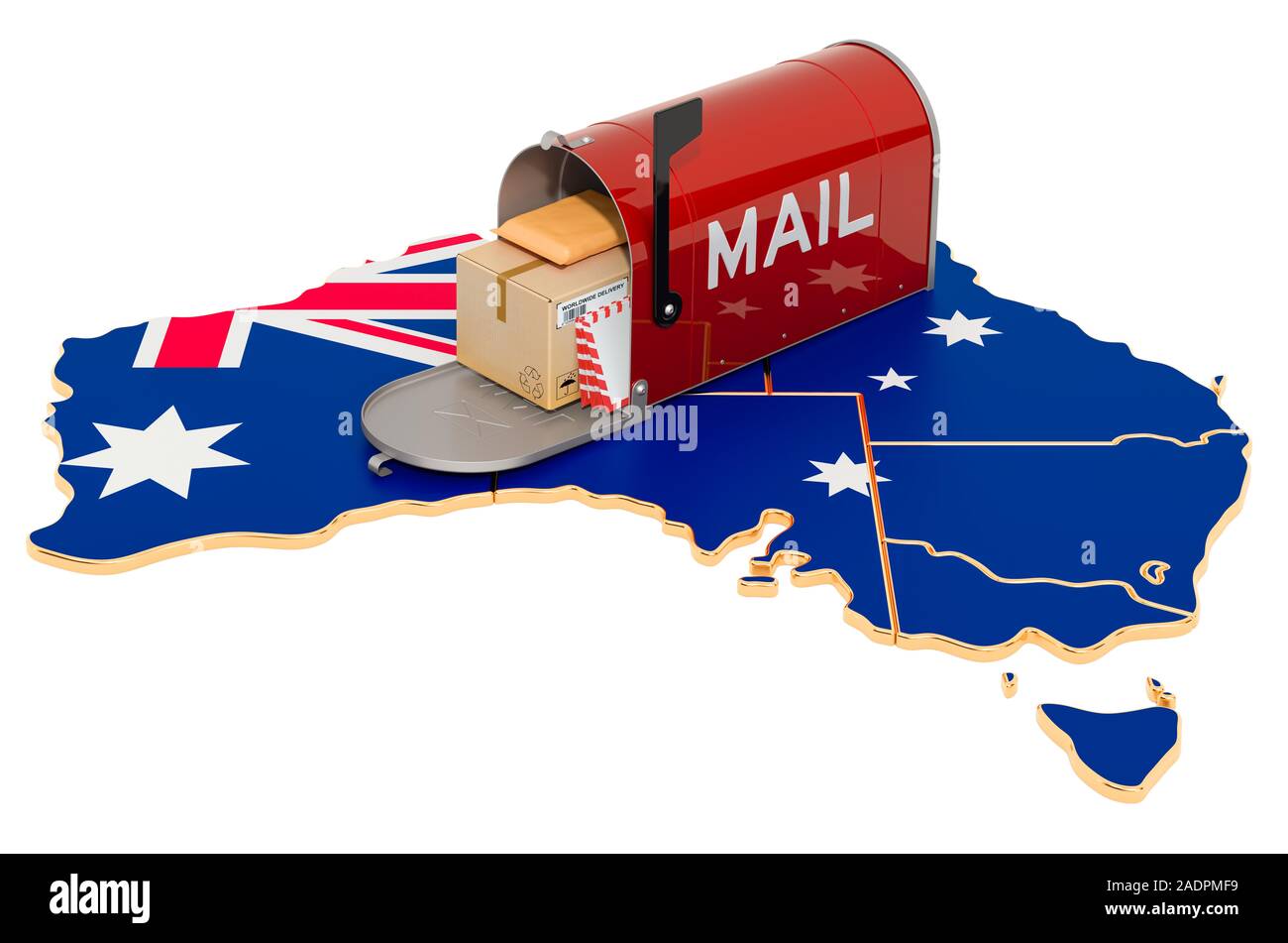 Mailbox on the Australian map. Shipping in Australia, concept. 3D rendering isolated on white background Stock Photo
