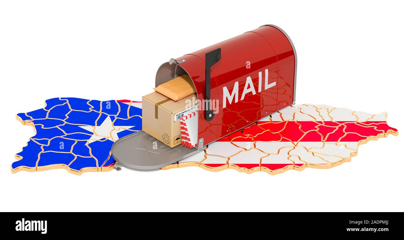 Mailbox on the Puerto Rican map. Shipping in Puerto Rico, concept. 3D
