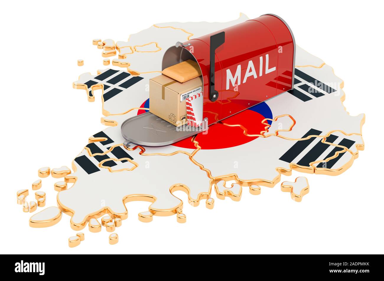 Mailbox on the map of South Korea. Shipping in South Korea, concept. 3D