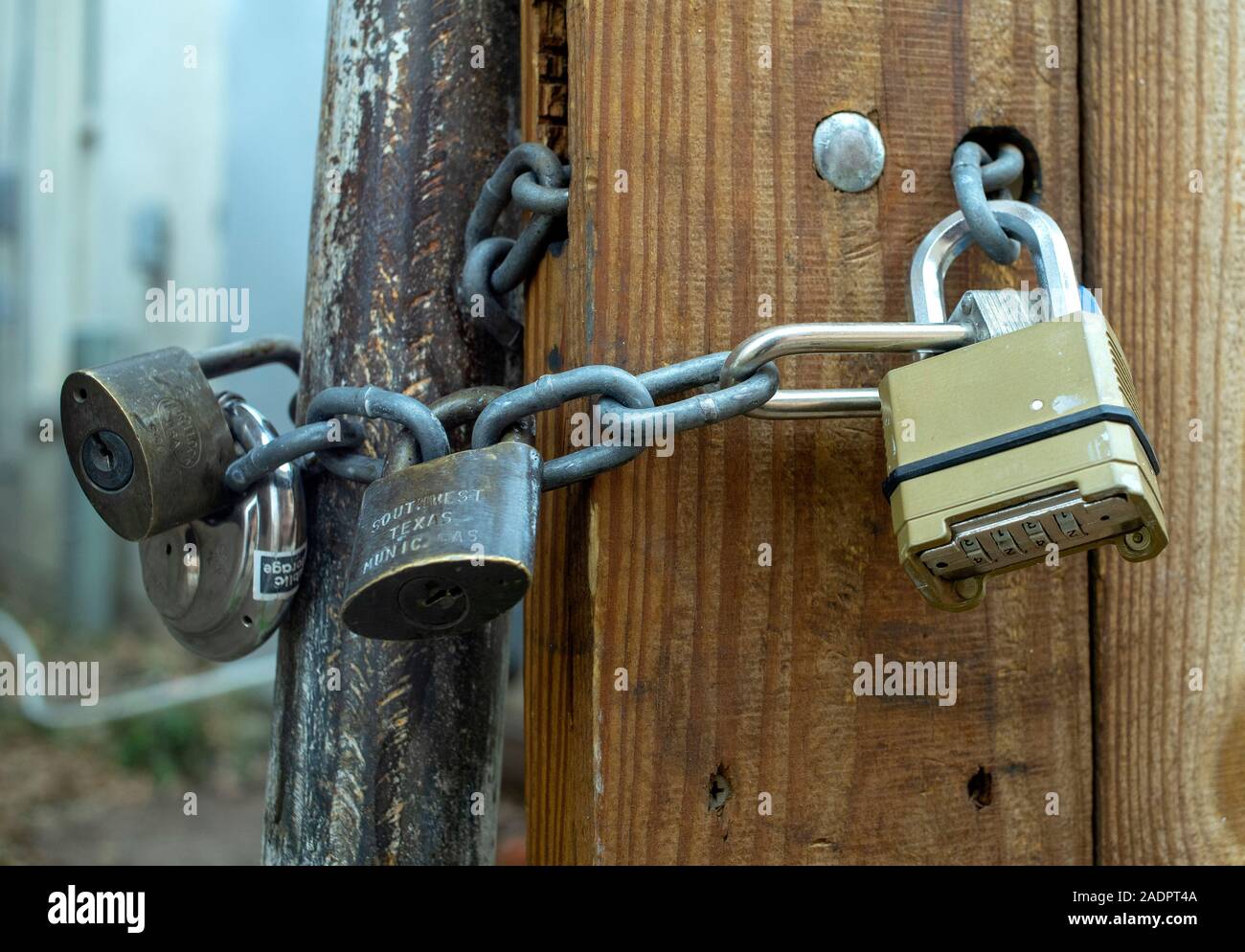 Locks on a private property gate. Stock Photo