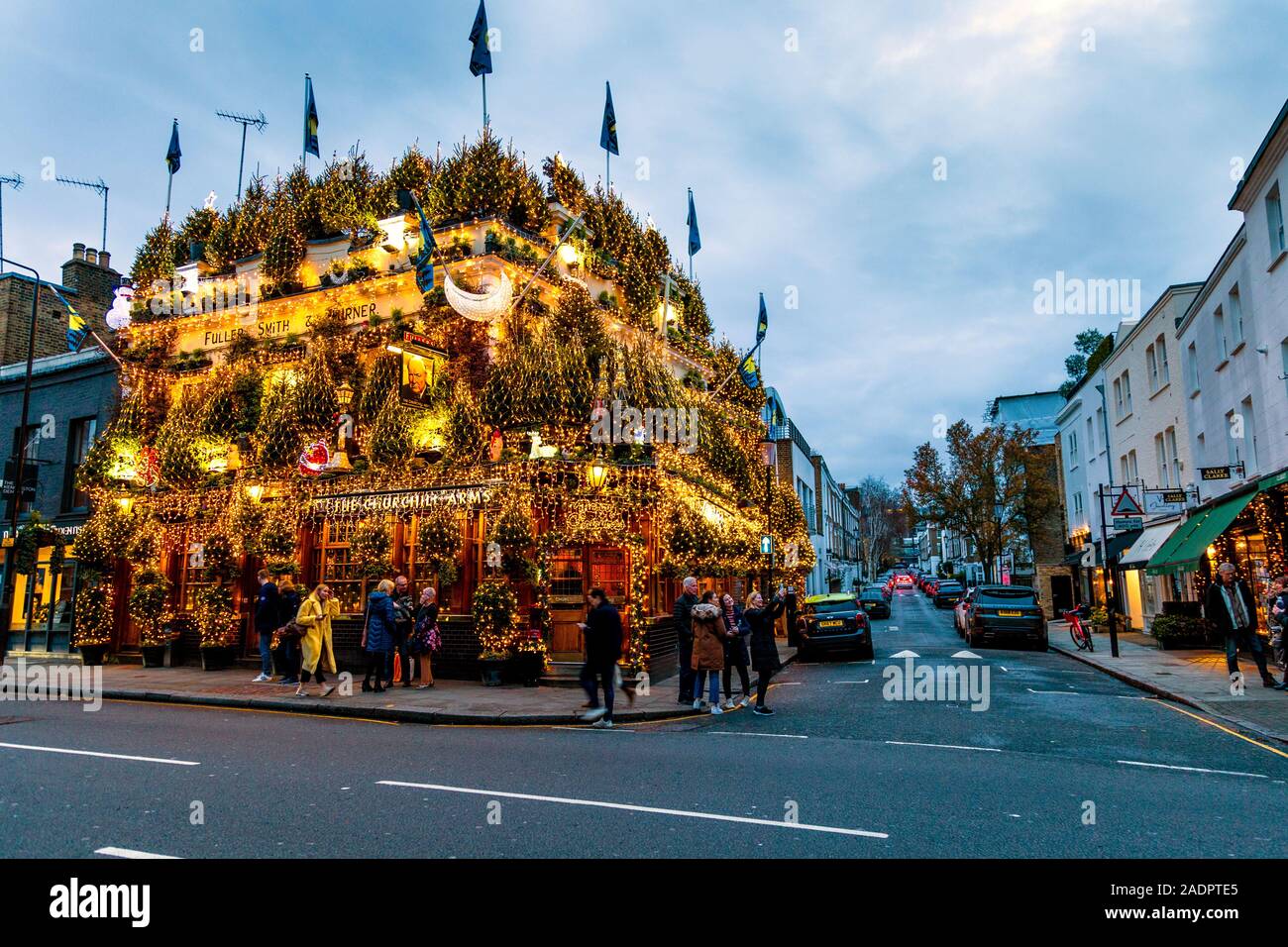 Opulent Christmas lights and decorations on the facade of Churchill