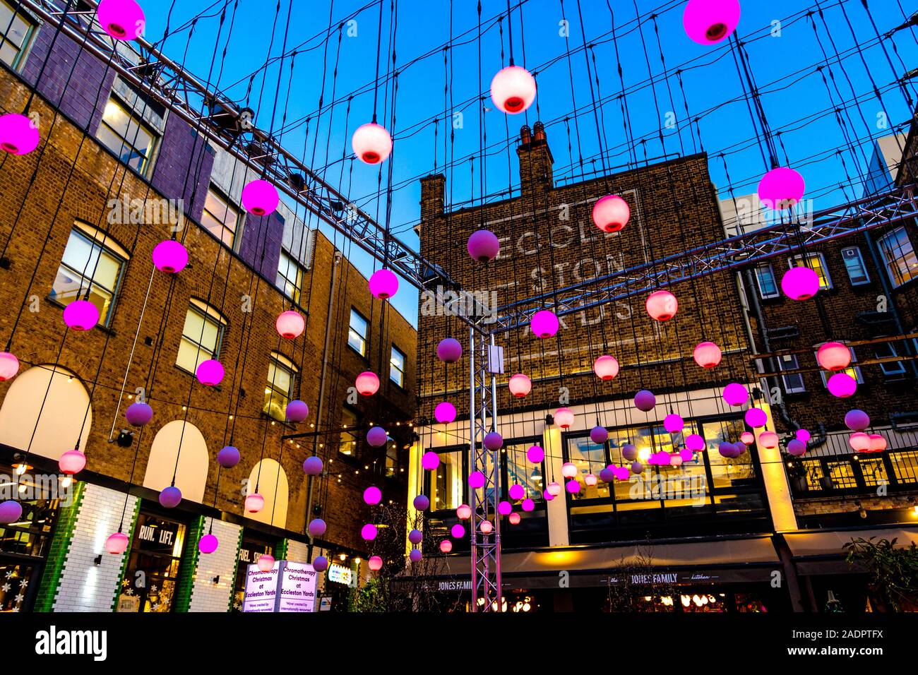 Chromotherapy Christmas installation by artist Squidsoup in Eccleston Yards, London, UK Stock Photo