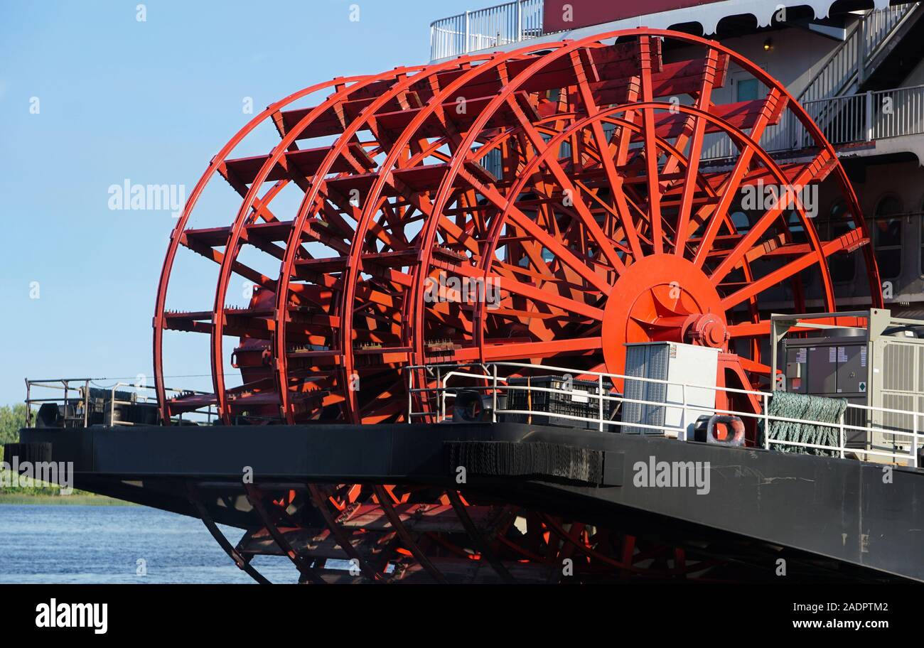 Close up of the large red paddle wheel of a classic large river Paddlewheel boat Stock Photo
