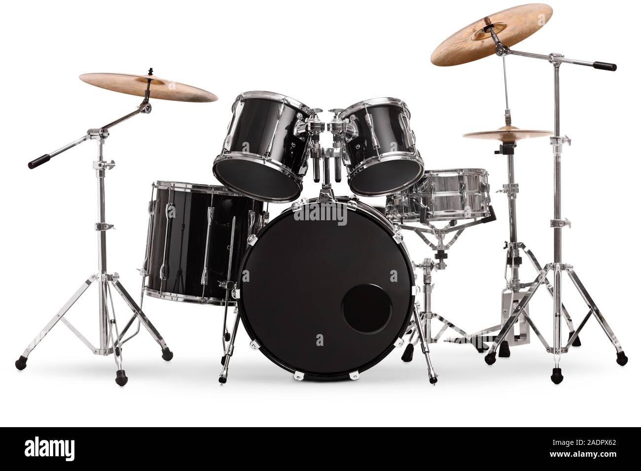 Studio shot of a black and silver drum kit isolated on white background Stock Photo