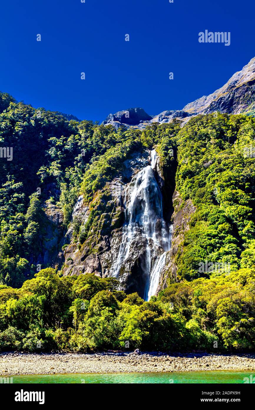 Bowen Falls in Milford Sound Fiordland National Park, New Zealand Stock Photo