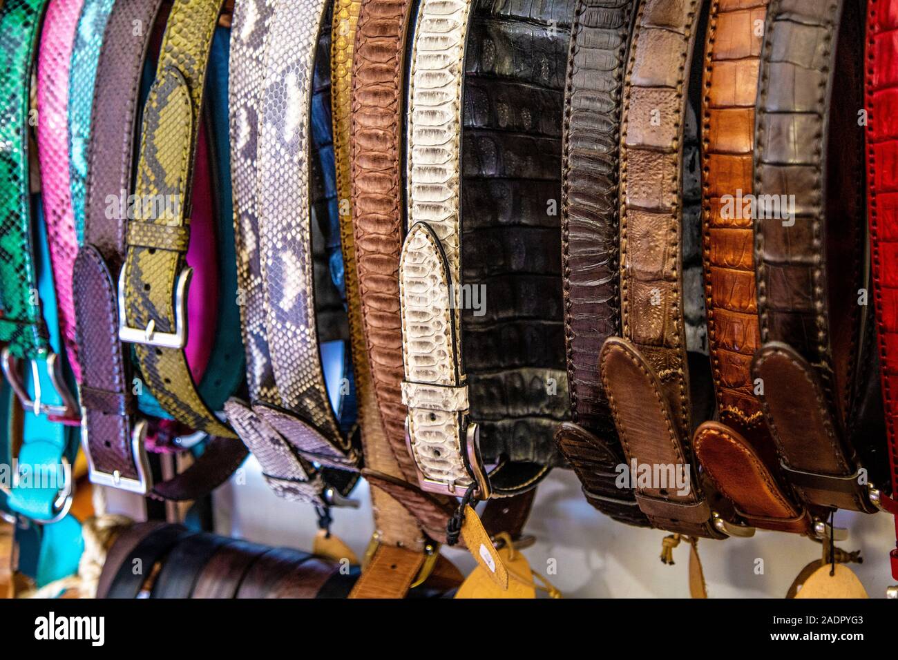Leather belts at a bohemian hippie boutique in Sant Francesc Xavier, Formentera, Spain Stock Photo