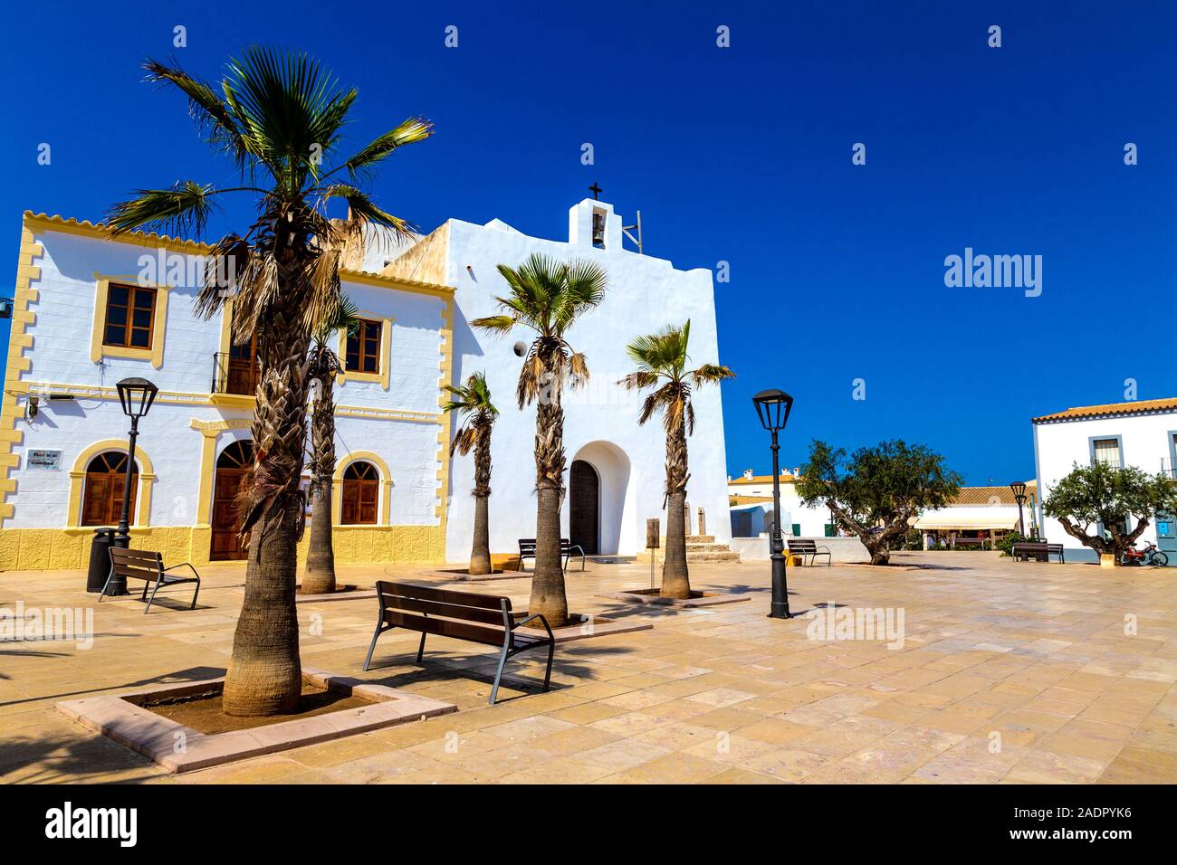Church by Plaza de la Constitución, Sant Francesc Xavier, Formentera, Balearic Islands, Spain Stock Photo
