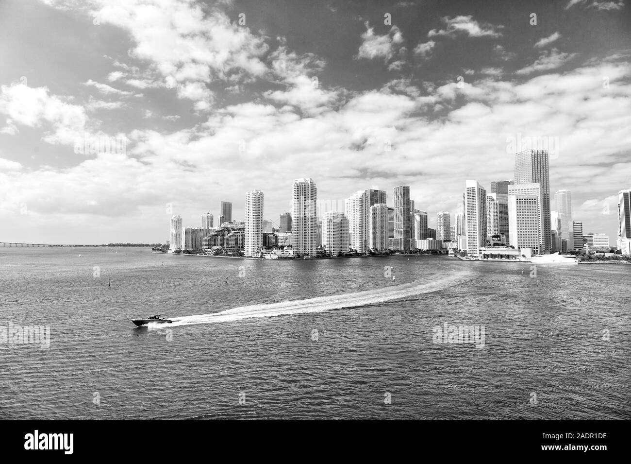Architecturally impressive high rise towers. Skyscrapers and azure ocean water. Must see attractions. Miami waterfront lined with marinas. Downtown Miami urban city center. Business District of Miami. Stock Photo