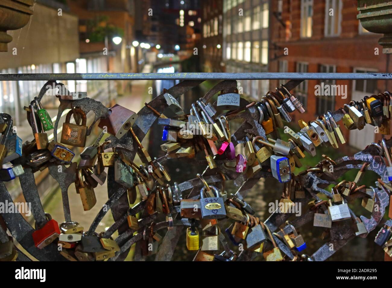 Manchester Love Locks at night,Oxford Road,bridge over canal,Manchester city centre, North West,England, UK Stock Photo
