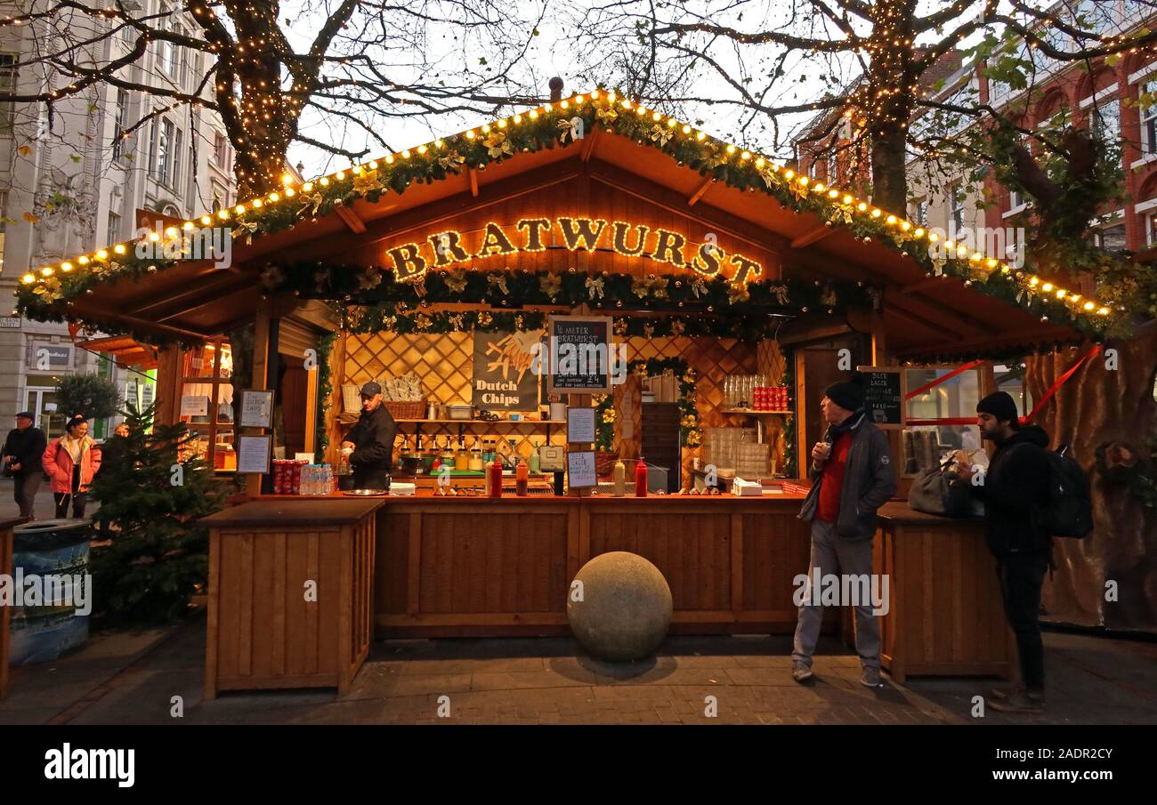 German Sausage Bratwurst Stall at Manchester Christmas markets,German Markets,Manchester Xmas celebrations, retailing in the city centre Stock Photo